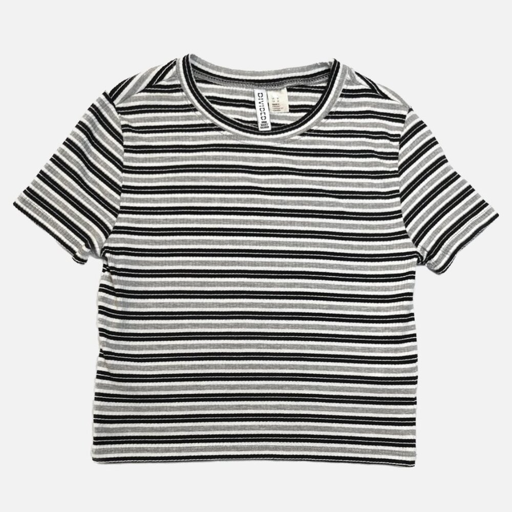 H&M Divided Striped Ribbed Knit Crop Top Black Gray White Size M